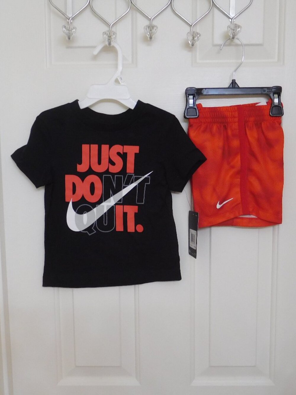 NWT 2pc Nike Black Red Just Don't Quit Logo Shirt & Red Shorts sz 2t